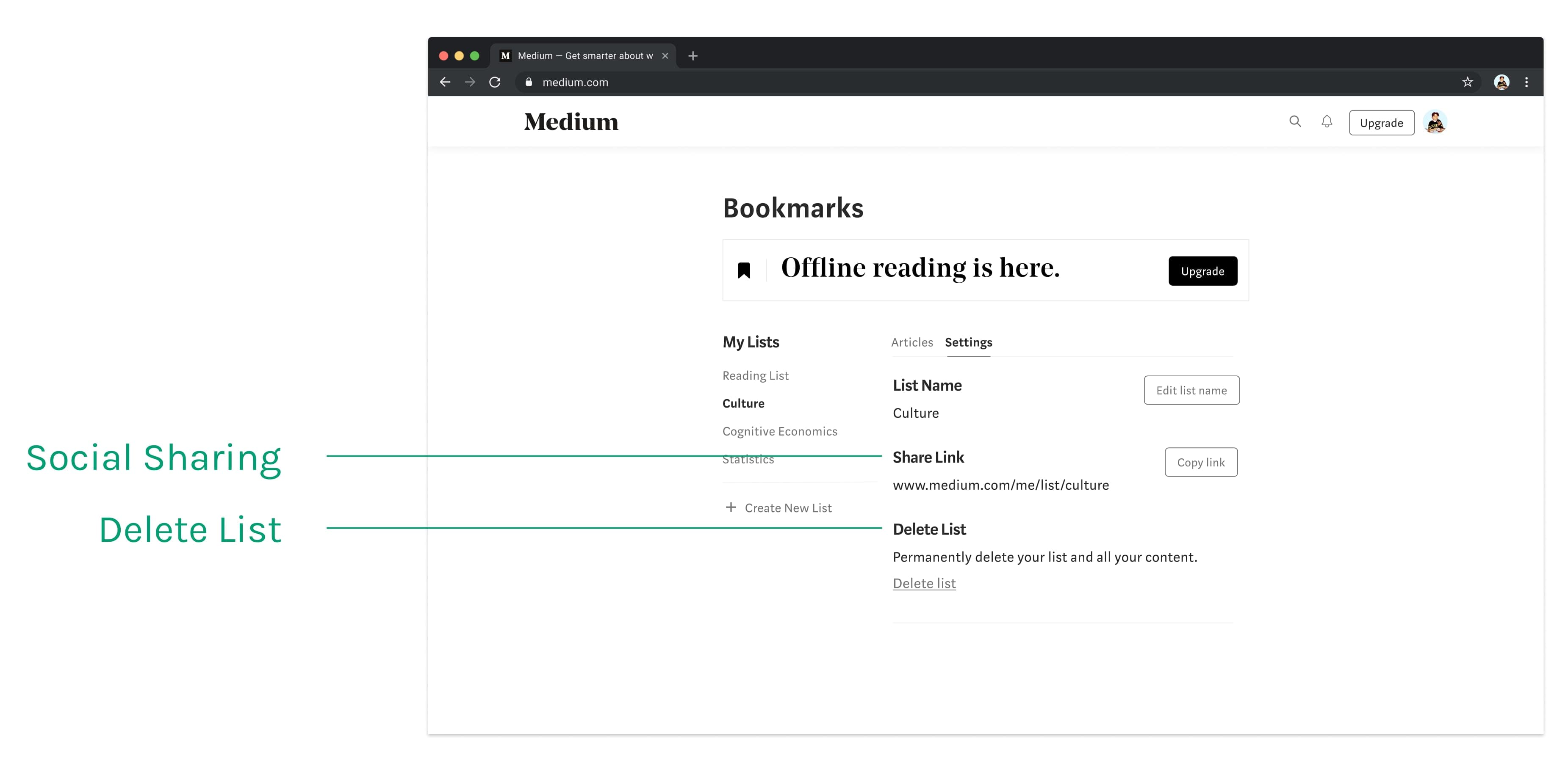 List settings page